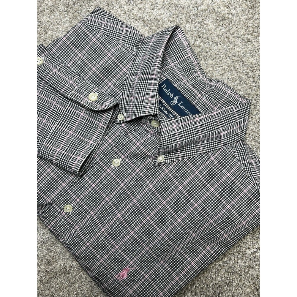 Ralph Lauren Mens XL Classic Fit Gingham Check Black/Pink Button Down Shirt